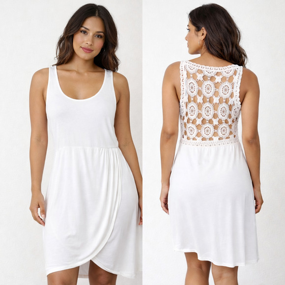 bebe Dresses & Skirts - Bebe Dress Womens XS White Crochet Back Faux Wrap Tank Sundress Summer Beach
